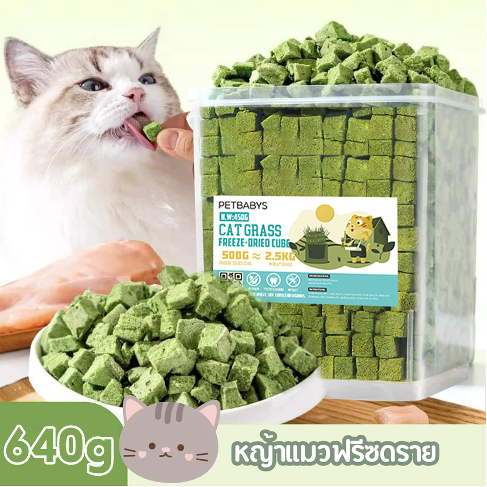 หญ้าแมวฟรีซดราย ขนมแมว 640กรัม ขนมหญ้าแมวบำรุงขน อกไก่ผสมต้นอ่อนข้าวสาลีฟรีซดราย โปรตีนสูง