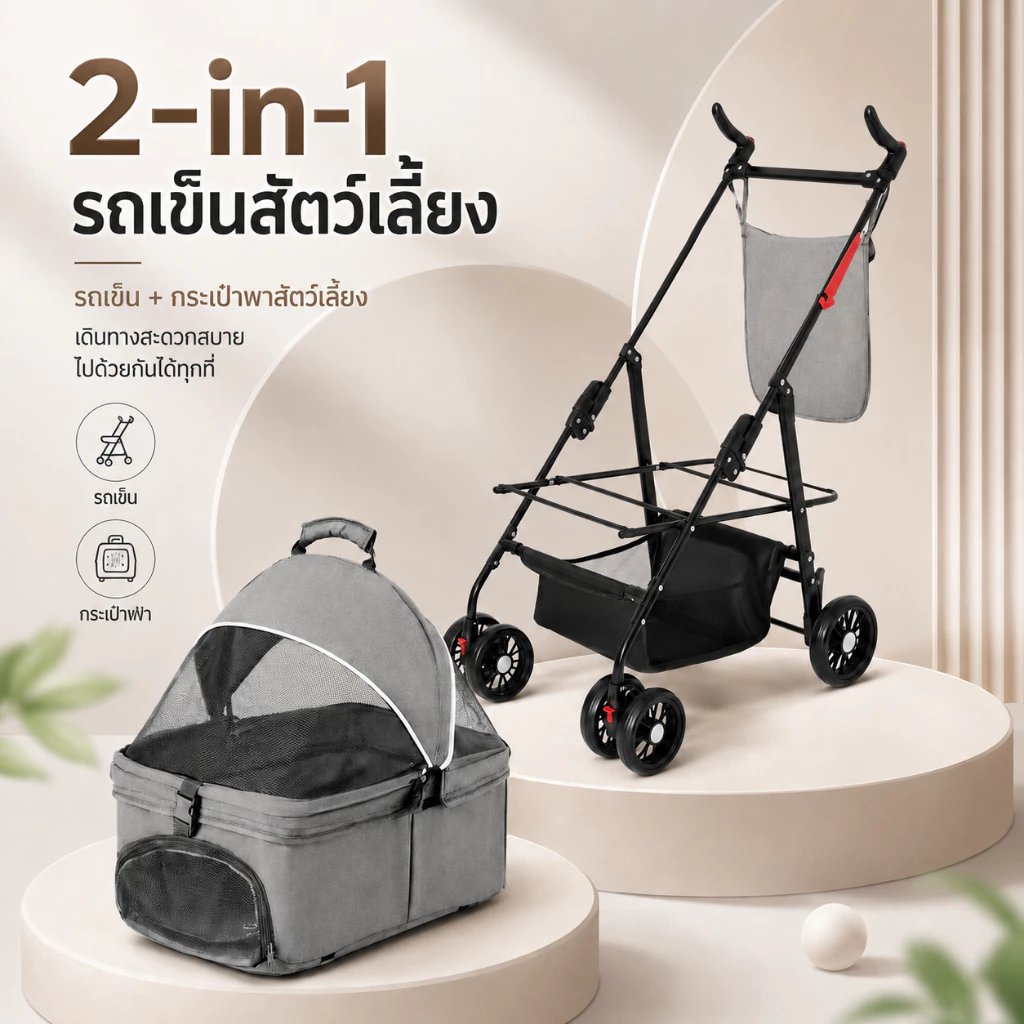 รถเข็นสัตว์เลี้ยง ถอดออกได้ รับน้ำหนักได้ถึง 30KG รถเข็นสุนัข รถเข็นแมว พับเก็บใส่ท้ายรถได้