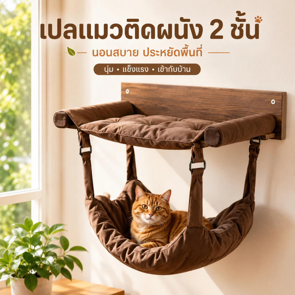 เปลแมวแขวน 2 ชั้น เปลแมวติดผนัง ไม้เนื้อแข็ง ถอดประกอบได้ เตียงแมวแขวน ผ้าระบายอากาศ ติดตั้งง่าย รับน้ำหนัก 28 กก. ภาพที่ 4