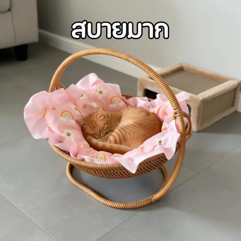 บ้านแมวหวาย ตะกร้าแมว เปลแมว ตะกร้าแขวน กึ่งปิด ระบายอากาศดี วัสดุธรรมชาติ ที่นอนแมว คอนโดแมว ภาพที่ 2