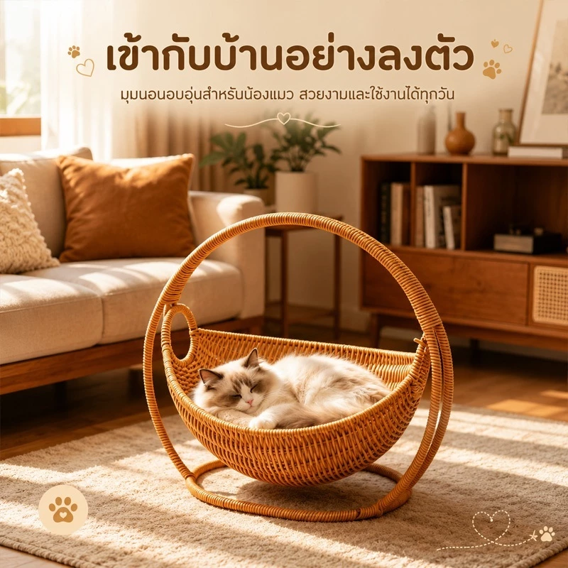 บ้านแมวหวาย ตะกร้าแมว เปลแมว ตะกร้าแขวน กึ่งปิด วัสดุธรรมชาติ ระบายอากาศดี คอนโดแมวขนาดเล็ก ภาพที่ 2